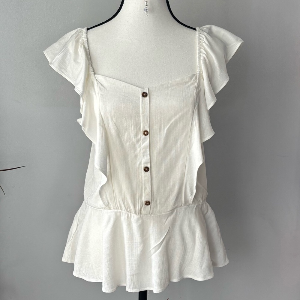 Moa Moa White Flutter Sleeve Peplum Blouse